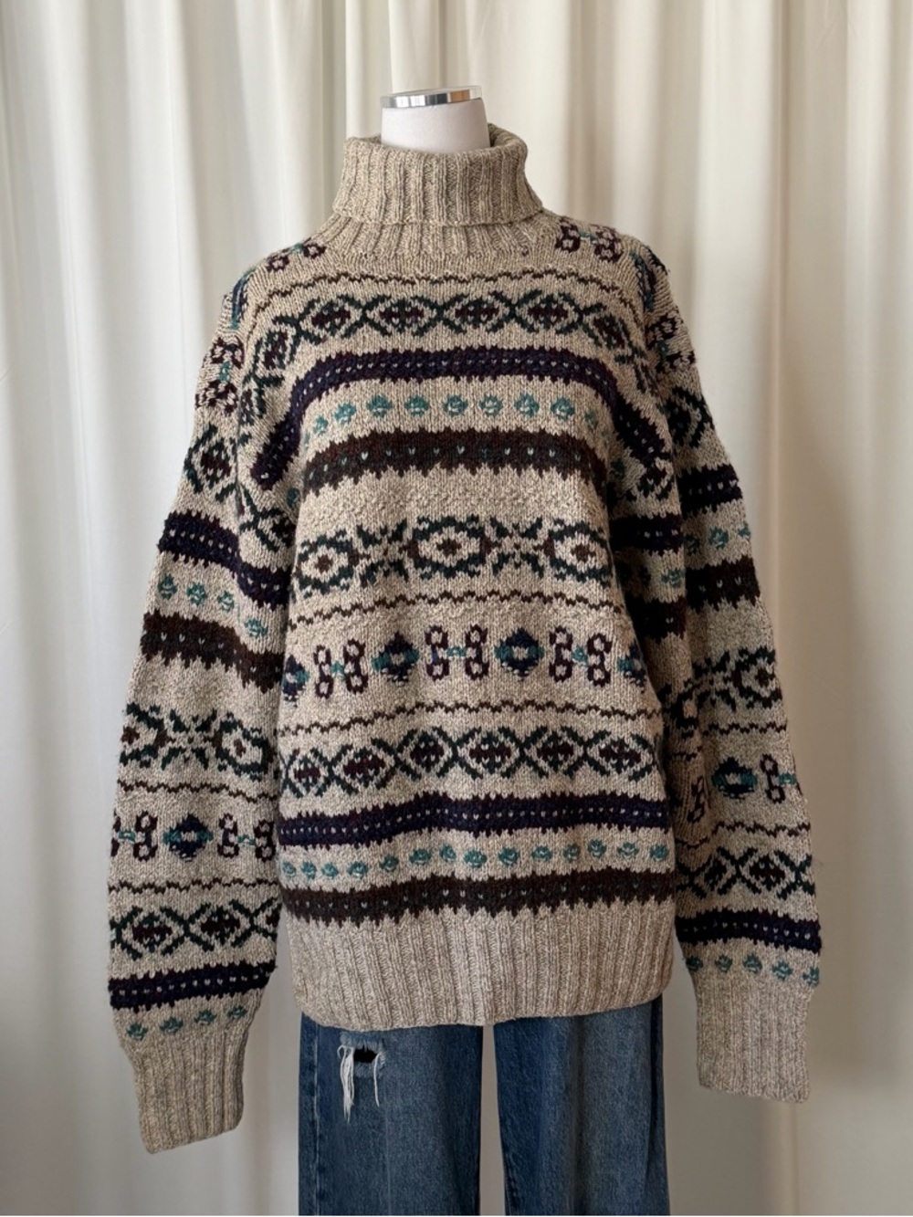Vintage 1980’s POLO Ralph Lauren Hand knit Fair Isle turtleneck sweater large - Picture 4 of 13